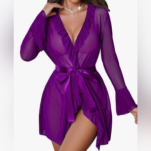 Avidlove Purple Sheer Ruffle Accent Robe & Matching Thong Panties XL Bundle